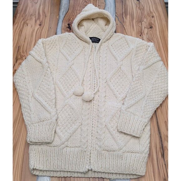 SISANDINA Wool Cardigan Sweater Chunky Cable Knit Hooded Zip Front Ivory Medium - Picture 1 of 10